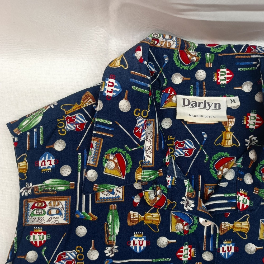 Vtg Darlyn Golf Novelty Print Sleeveless Button Down Top Navy Blue Womens M USA